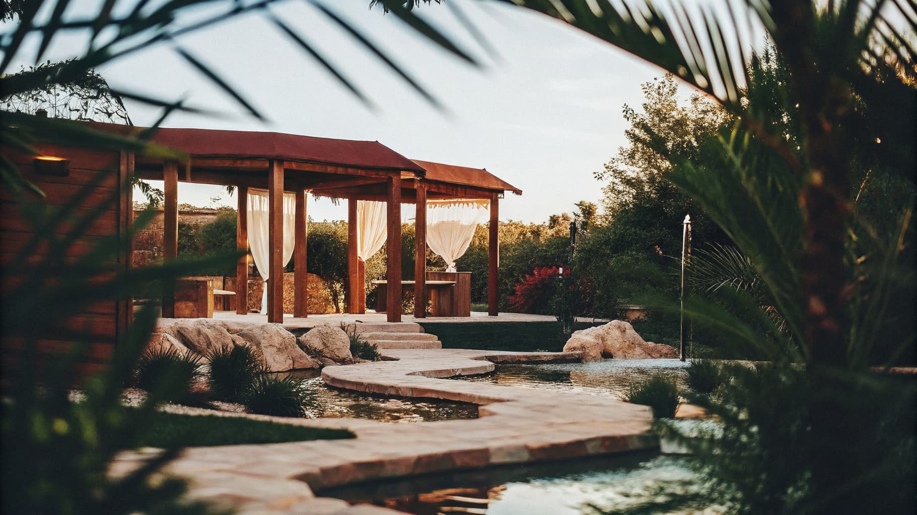Harmonious garden with water feature representing feng shui principles