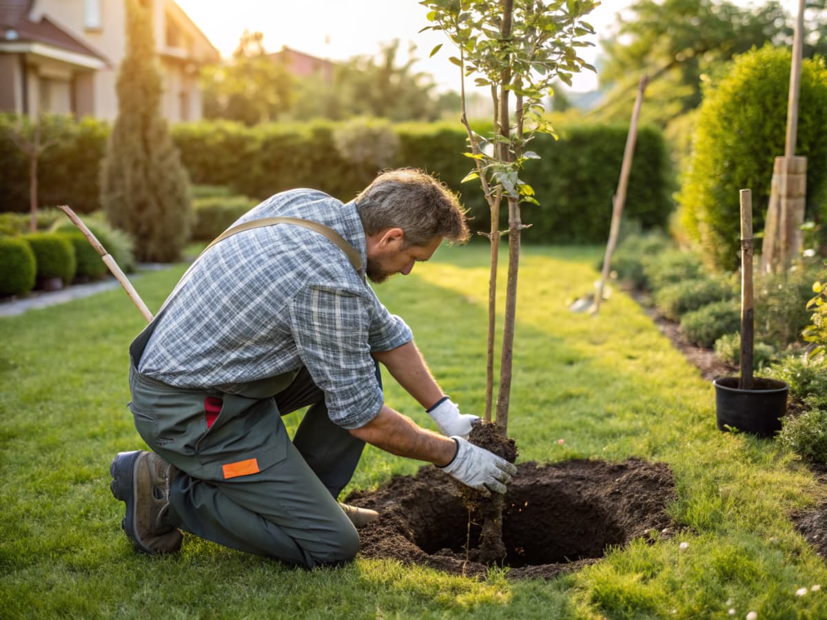 Gardener carefully planting a young tree in a garden