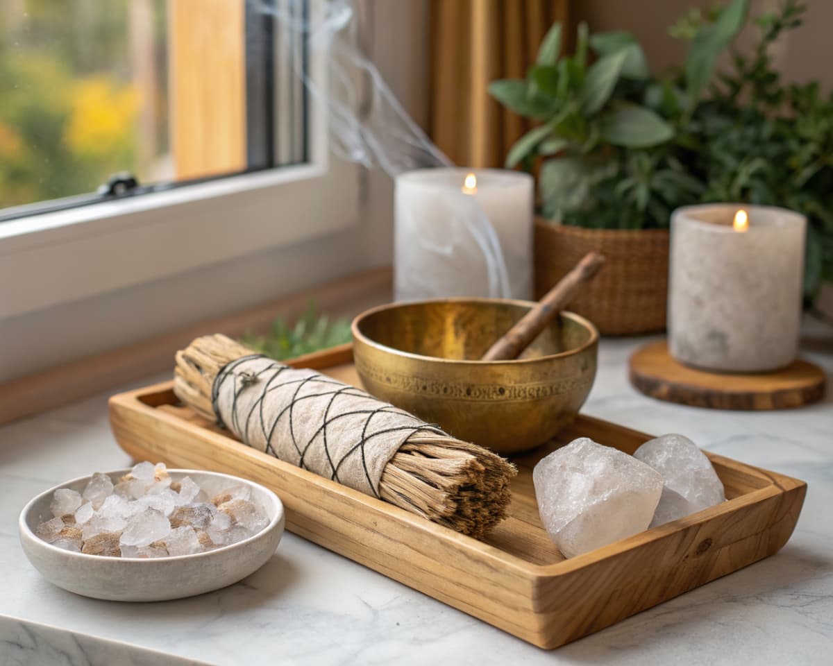 Sacred space clearing ritual with sage and singing bowls